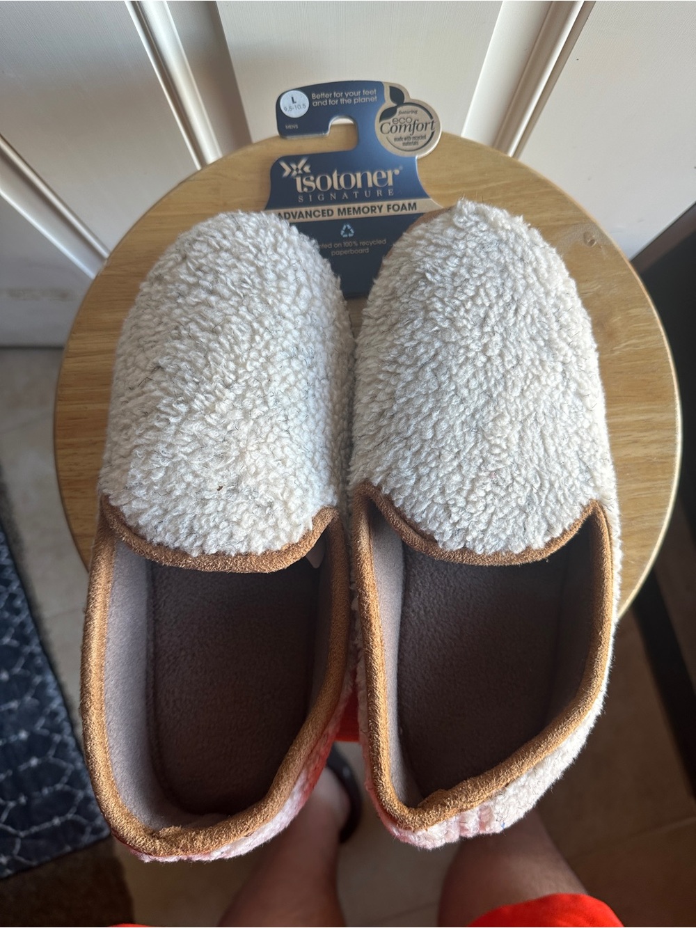 isotoner Women's Cream Sherpa Slip-Ons with Tan Trim